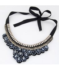 Rhinestone and Crystal Combined Flower Pattern Ribbon Fashion Necklace - Ink Blue
