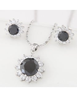 Cubic Zirconia and Gem Embellished Shining Sun Flower Fashion Necklace and Earrings Set - Black