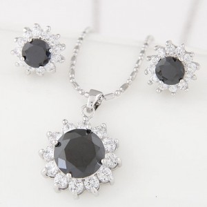 Cubic Zirconia and Gem Embellished Shining Sun Flower Fashion Necklace and Earrings Set - Black