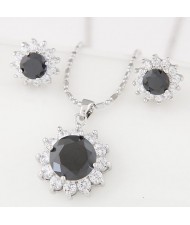 Cubic Zirconia and Gem Embellished Shining Sun Flower Fashion Necklace and Earrings Set - Black