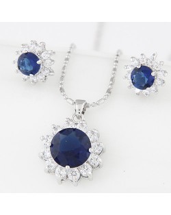 Cubic Zirconia and Gem Embellished Shining Sun Flower Fashion Necklace and Earrings Set - Blue