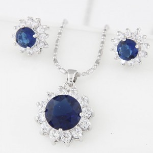 Cubic Zirconia and Gem Embellished Shining Sun Flower Fashion Necklace and Earrings Set - Blue