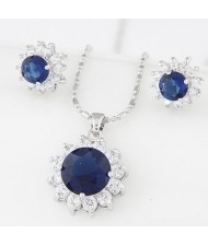 Cubic Zirconia and Gem Embellished Shining Sun Flower Fashion Necklace and Earrings Set - Blue