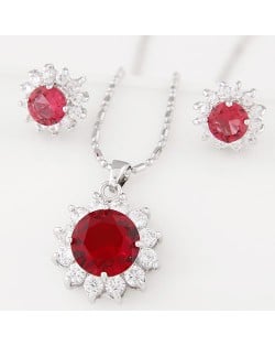 Cubic Zirconia and Gem Embellished Shining Sun Flower Fashion Necklace and Earrings Set - Red