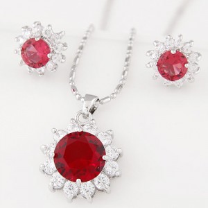 Cubic Zirconia and Gem Embellished Shining Sun Flower Fashion Necklace and Earrings Set - Red