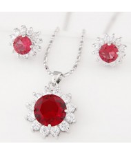 Cubic Zirconia and Gem Embellished Shining Sun Flower Fashion Necklace and Earrings Set - Red