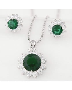 Cubic Zirconia and Gem Embellished Shining Sun Flower Fashion Necklace and Earrings Set - Green