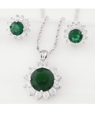 Cubic Zirconia and Gem Embellished Shining Sun Flower Fashion Necklace and Earrings Set - Green
