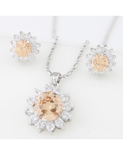 Cubic Zirconia and Gem Embellished Shining Sun Flower Fashion Necklace and Earrings Set - Champagne