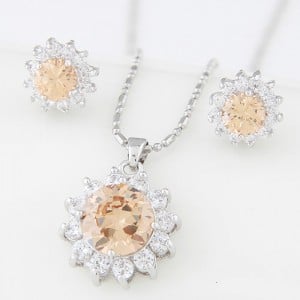 Cubic Zirconia and Gem Embellished Shining Sun Flower Fashion Necklace and Earrings Set - Champagne