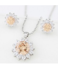 Cubic Zirconia and Gem Embellished Shining Sun Flower Fashion Necklace and Earrings Set - Champagne