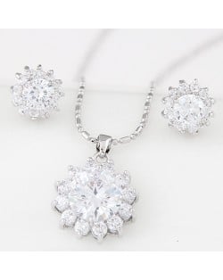 Cubic Zirconia and Gem Embellished Shining Sun Flower Fashion Necklace and Earrings Set - White