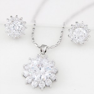 Cubic Zirconia and Gem Embellished Shining Sun Flower Fashion Necklace and Earrings Set - White