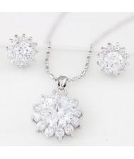 Cubic Zirconia and Gem Embellished Shining Sun Flower Fashion Necklace and Earrings Set - White