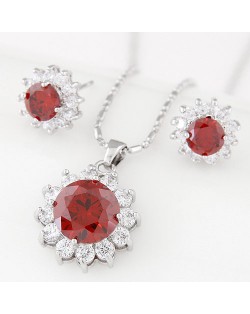 Cubic Zirconia and Gem Embellished Shining Sun Flower Fashion Necklace and Earrings Set - Red Wine