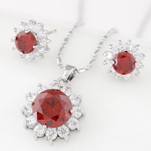 Cubic Zirconia and Gem Embellished Shining Sun Flower Fashion Necklace and Earrings Set - Red Wine