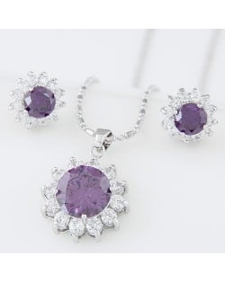 Cubic Zirconia and Gem Embellished Shining Sun Flower Fashion Necklace and Earrings Set - Violet