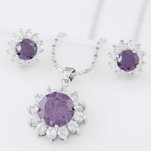 Cubic Zirconia and Gem Embellished Shining Sun Flower Fashion Necklace and Earrings Set - Violet