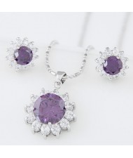 Cubic Zirconia and Gem Embellished Shining Sun Flower Fashion Necklace and Earrings Set - Violet