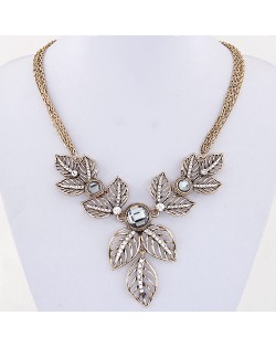 Rhinestone Embedded Vivid Hollow Leaves Multiple Chains Statement Fashion Necklace - Copper and Gray