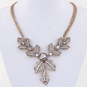 Rhinestone Embedded Vivid Hollow Leaves Multiple Chains Statement Fashion Necklace - Copper and Gray