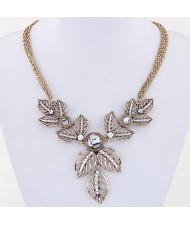 Rhinestone Embedded Vivid Hollow Leaves Multiple Chains Statement Fashion Necklace - Copper and Gray