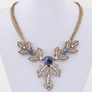 Rhinestone Embedded Vivid Hollow Leaves Multiple Chains Statement Fashion Necklace - Copper and Blue