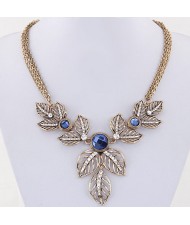 Rhinestone Embedded Vivid Hollow Leaves Multiple Chains Statement Fashion Necklace - Copper and Blue