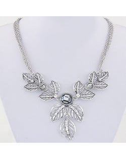 Rhinestone Embedded Vivid Hollow Leaves Multiple Chains Statement Fashion Necklace - Silver and Gray