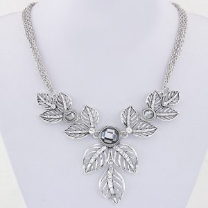 Rhinestone Embedded Vivid Hollow Leaves Multiple Chains Statement Fashion Necklace - Silver and Gray