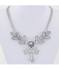 Rhinestone Embedded Vivid Hollow Leaves Multiple Chains Statement Fashion Necklace - Silver and Gray