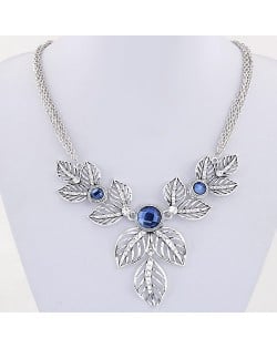 Rhinestone Embedded Vivid Hollow Leaves Multiple Chains Statement Fashion Necklace - Silver and Blue