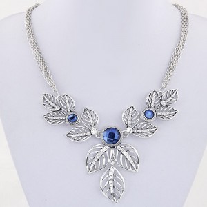 Rhinestone Embedded Vivid Hollow Leaves Multiple Chains Statement Fashion Necklace - Silver and Blue