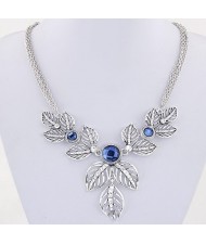 Rhinestone Embedded Vivid Hollow Leaves Multiple Chains Statement Fashion Necklace - Silver and Blue