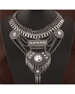 Western Bold Fashion Resin Gems Decorated with Rivets Pendant Costume Necklace - Vintage Silver