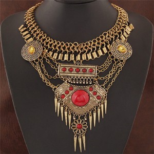 Western Bold Fashion Resin Gems Decorated with Rivets Pendant Costume Necklace - Vintage Copper