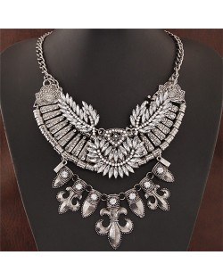 Resin Gems Combined Leaves Attached Bauhinia Flowers Pendant Statement Fashion Necklace - Vintage Silver