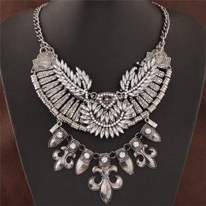 Resin Gems Combined Leaves Attached Bauhinia Flowers Pendant Statement Fashion Necklace - Vintage Silver