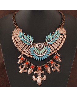 Resin Gems Combined Leaves Attached Bauhinia Flowers Pendant Statement Fashion Necklace - Vintage Copper