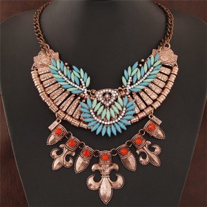 Resin Gems Combined Leaves Attached Bauhinia Flowers Pendant Statement Fashion Necklace - Vintage Copper
