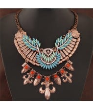 Resin Gems Combined Leaves Attached Bauhinia Flowers Pendant Statement Fashion Necklace - Vintage Copper