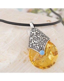 Vintage Resin Waterdrop Pendant Leather Rope Fashion Necklace - Yellow