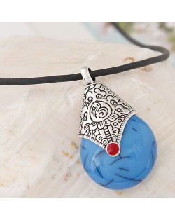 Vintage Resin Waterdrop Pendant Leather Rope Fashion Necklace - Blue