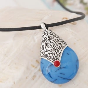 Vintage Resin Waterdrop Pendant Leather Rope Fashion Necklace - Blue