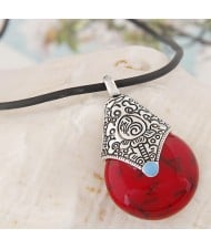Vintage Resin Waterdrop Pendant Leather Rope Fashion Necklace - Red