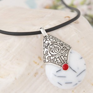 Vintage Resin Waterdrop Pendant Leather Rope Fashion Necklace - White