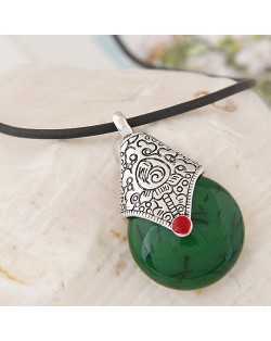 Vintage Resin Waterdrop Pendant Leather Rope Fashion Necklace - Green