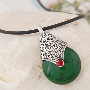 Vintage Resin Waterdrop Pendant Leather Rope Fashion Necklace - Green