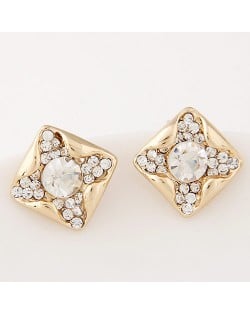 Korean Fashion Czech Rhinestone Inlaid Square Shape Golden Ear Studs