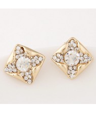 Korean Fashion Czech Rhinestone Inlaid Square Shape Golden Ear Studs